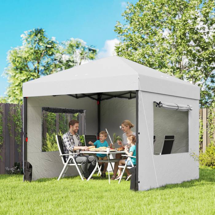 Carpa Plegable 3x3 m, Pop-up, Cenador Pabellón de Jardín con 3 Paredes Laterales, 2 Ventanas Malla, UPF50+, Altura Ajustable 3 Niveles, Bolsa Transporte, Sacos Arena, Gazebo Exterior, Blanco
