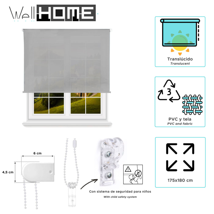 Well home estor enrollable translúcido liso - gris, 175 x 180cm (ancho x largo)/tamaño de la tela 172 x 175cm