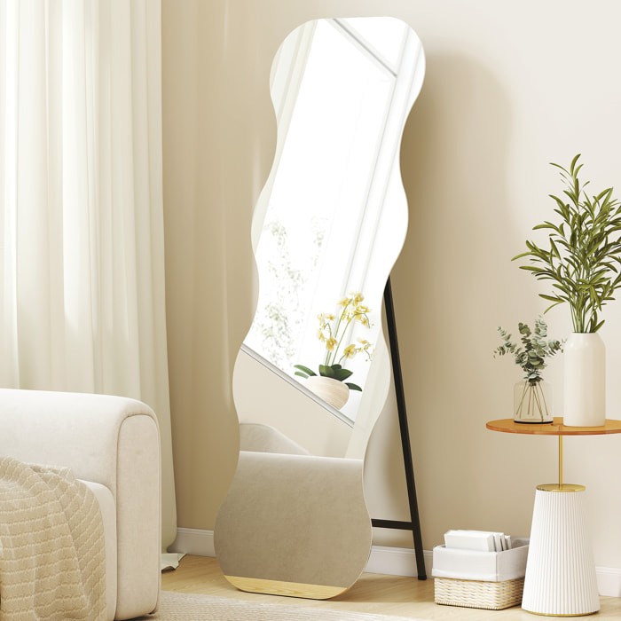 Espejo de Cuerpo Entero Ondulado 160x50 cm, Espejo de Pie o Apoyado en la Pared, sin Marco, Base de Madera, para Salón, Dormitorio, Pasillo, Entrada