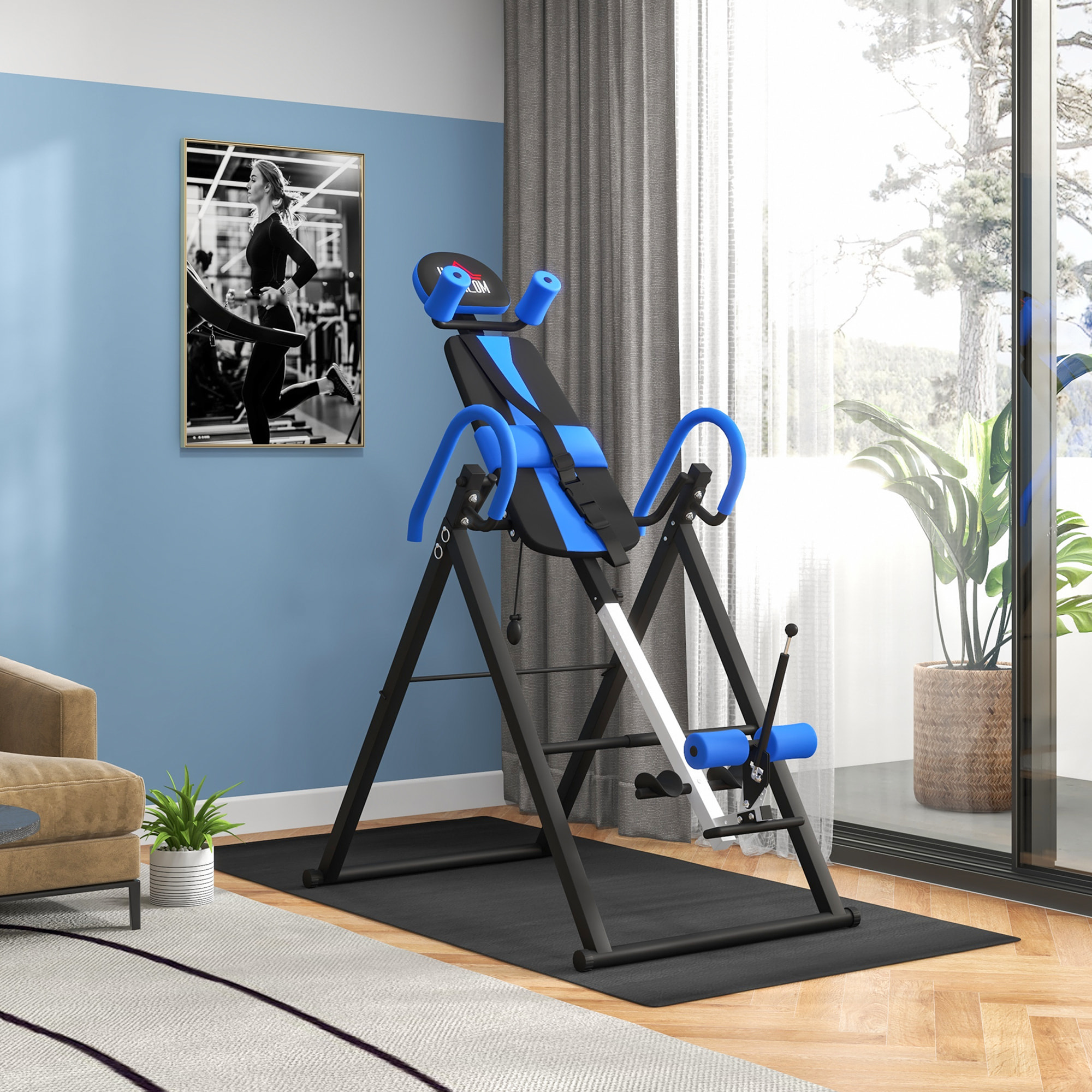 Table d'inversion de musculation pliable ceinture de sécurité réglable angle inversé ajustable 3 niveaux acier bleu noir