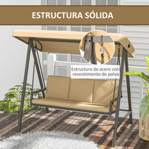 Outsunny Columpio de Jardín de 3 Plazas Balancín Exterior Jardín con Toldo Ajustable Cojines Extraíbles y Estructura de Acero 200x125x175 cm Beige