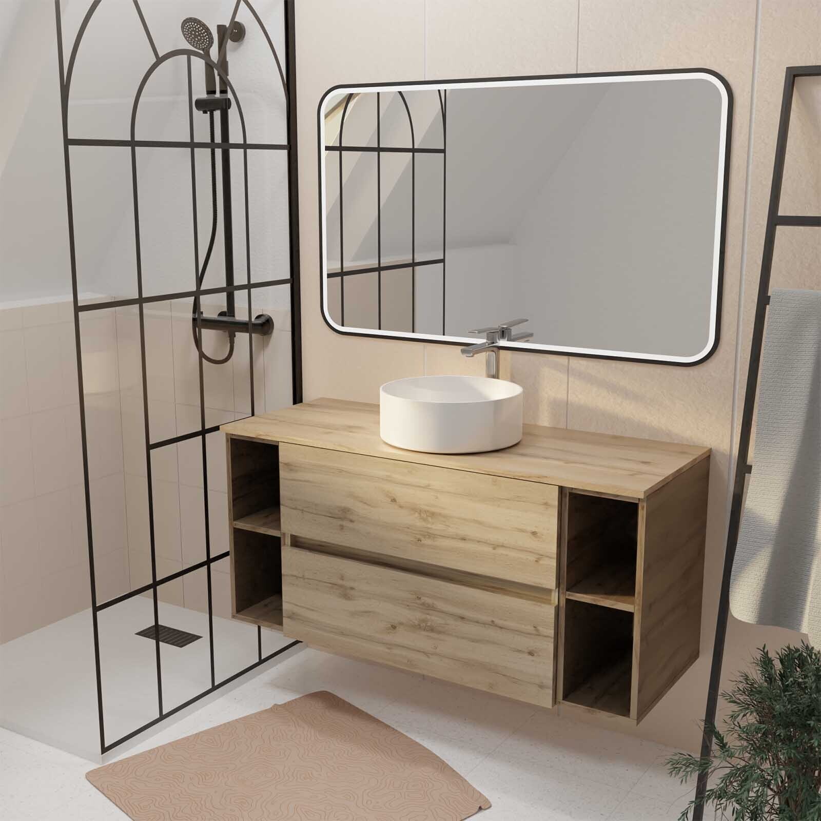 Meuble de salle de bains 120 TIMBER Décor Chêne 2 tiroirs - Vasque blanche à poser Miroir LED 100x70