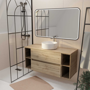 Meuble de salle de bains 120 TIMBER Décor Chêne 2 tiroirs - Vasque blanche à poser Miroir LED 100x70