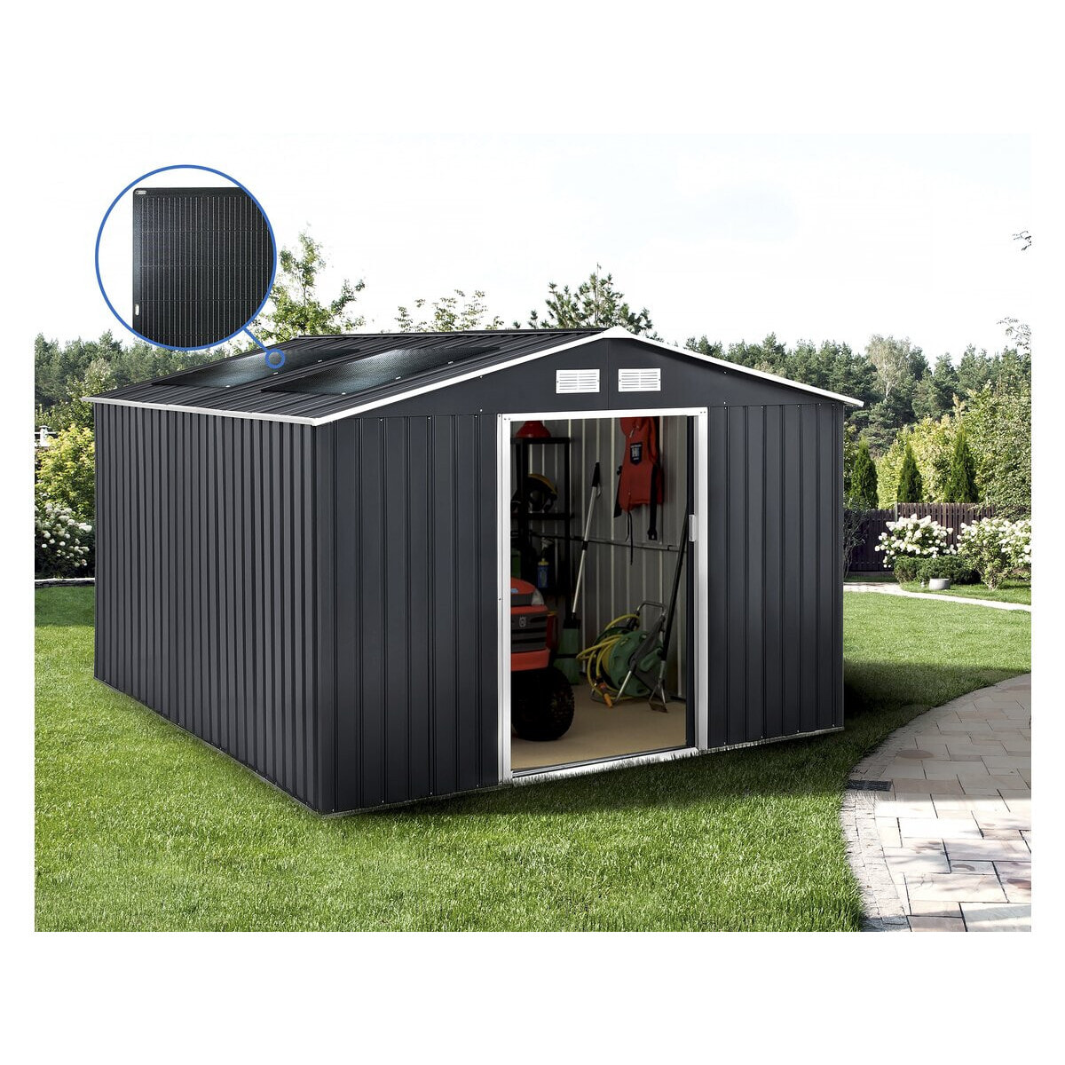 Abri de jardin métal - "Vegas"- 15 m² avec panneaux solaires - Gris
