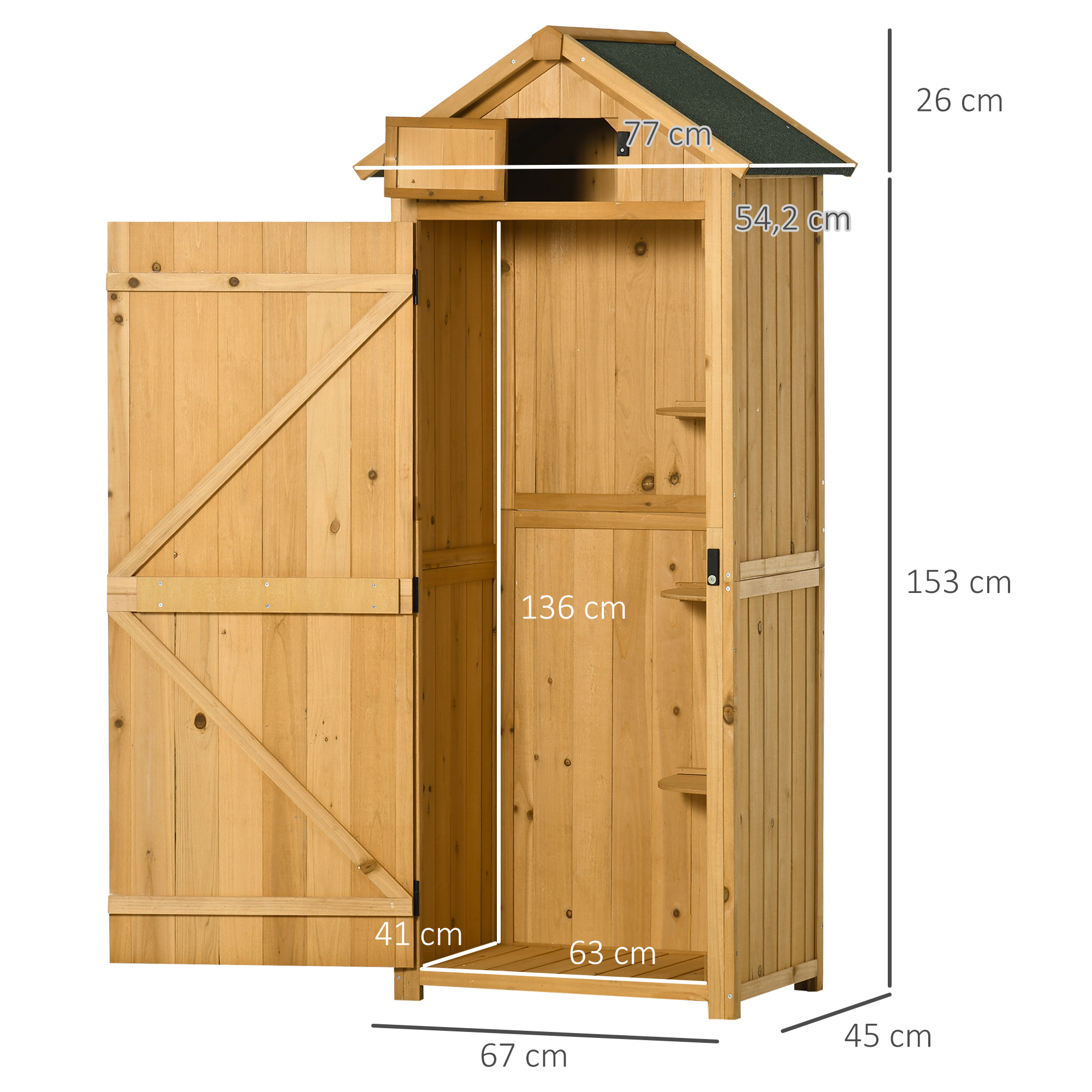 Armoire abri de jardin remise pour outils 3 étagères 2 portes loquets toit pente bitumé 77L x 54l x 179H cm sapin traité lasuré