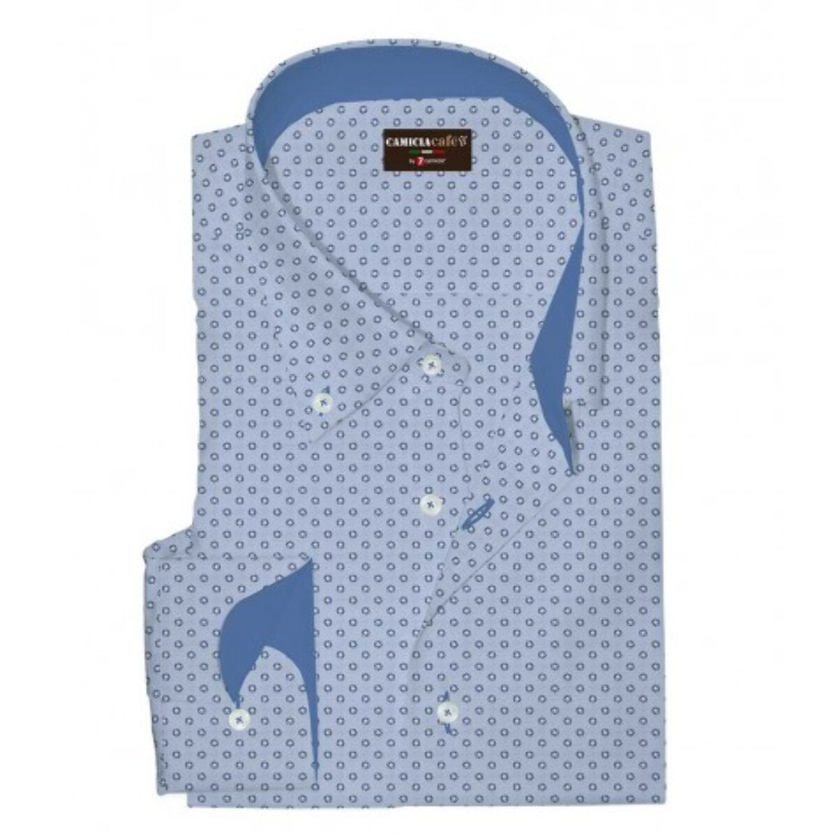 Camicia Uomo 1 Bottone Button Down Slim Cotone Poliestere Stampa Celeste/Bianco