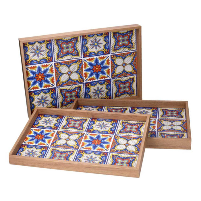 Set di 3 vassoi in legno bordo naturale cm45x30h4