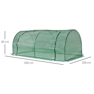 Serre de jardin tunnel serre à tomates dim. 2L x 1l x 0,8H m porte zippée enroulable bâche PE acier vert