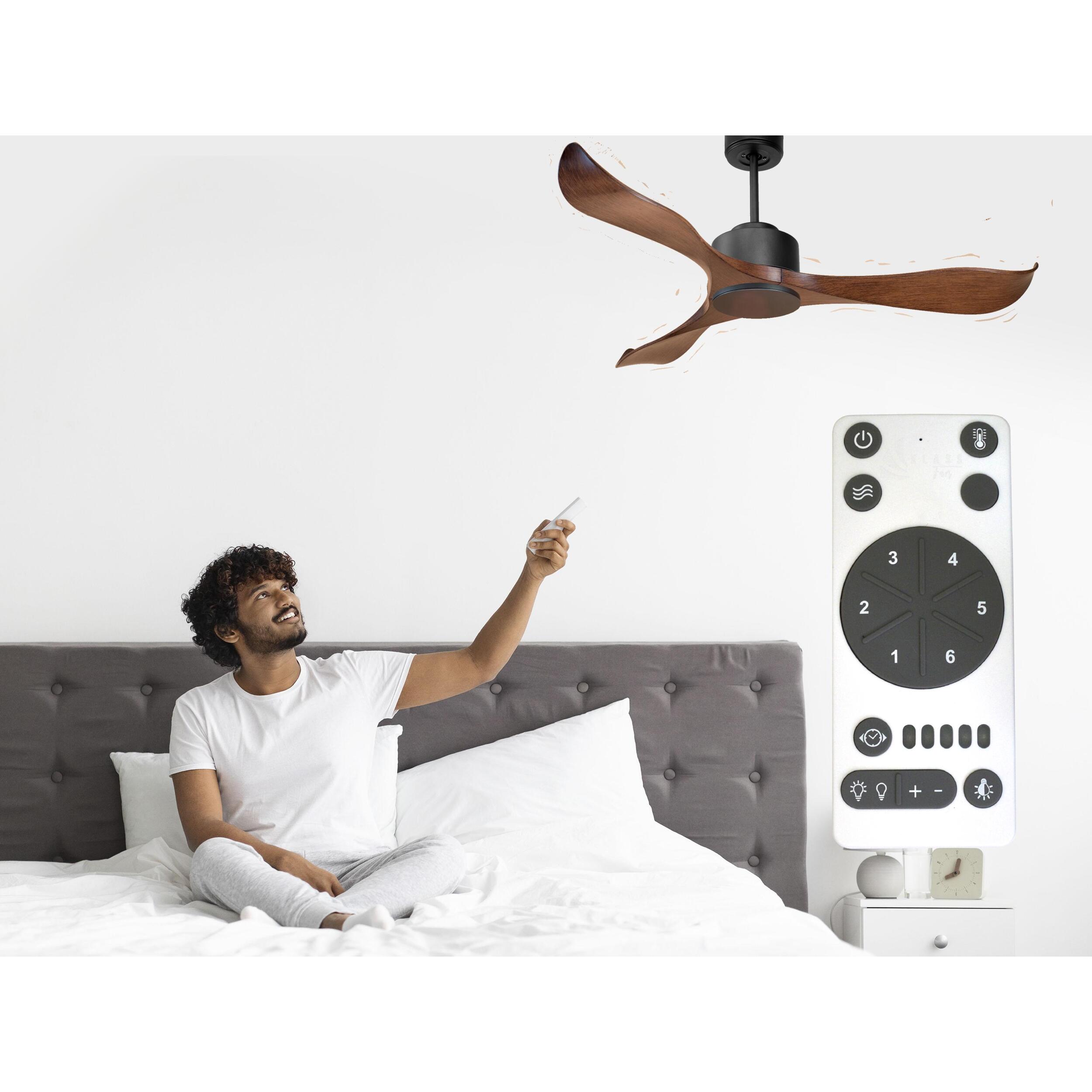 Ventilateur de plafond Réversible Lumière  Thermostat Wifi Moteur à courant continu Toits en pente Télécommande Adaptateur 2/3 Lames Hypersilence Mémoire 40   W Noir