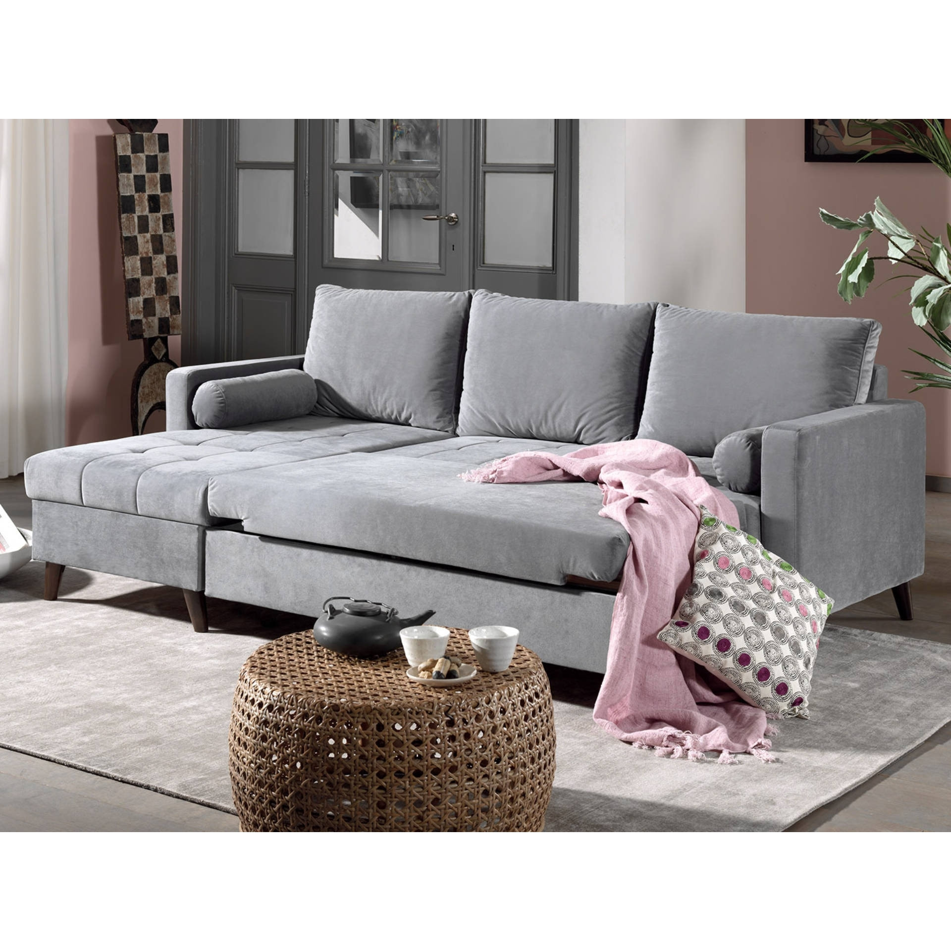 POLAR - Canapé d'angle réversible convertible - en velours au design scandinave - 4 places - Gris clair