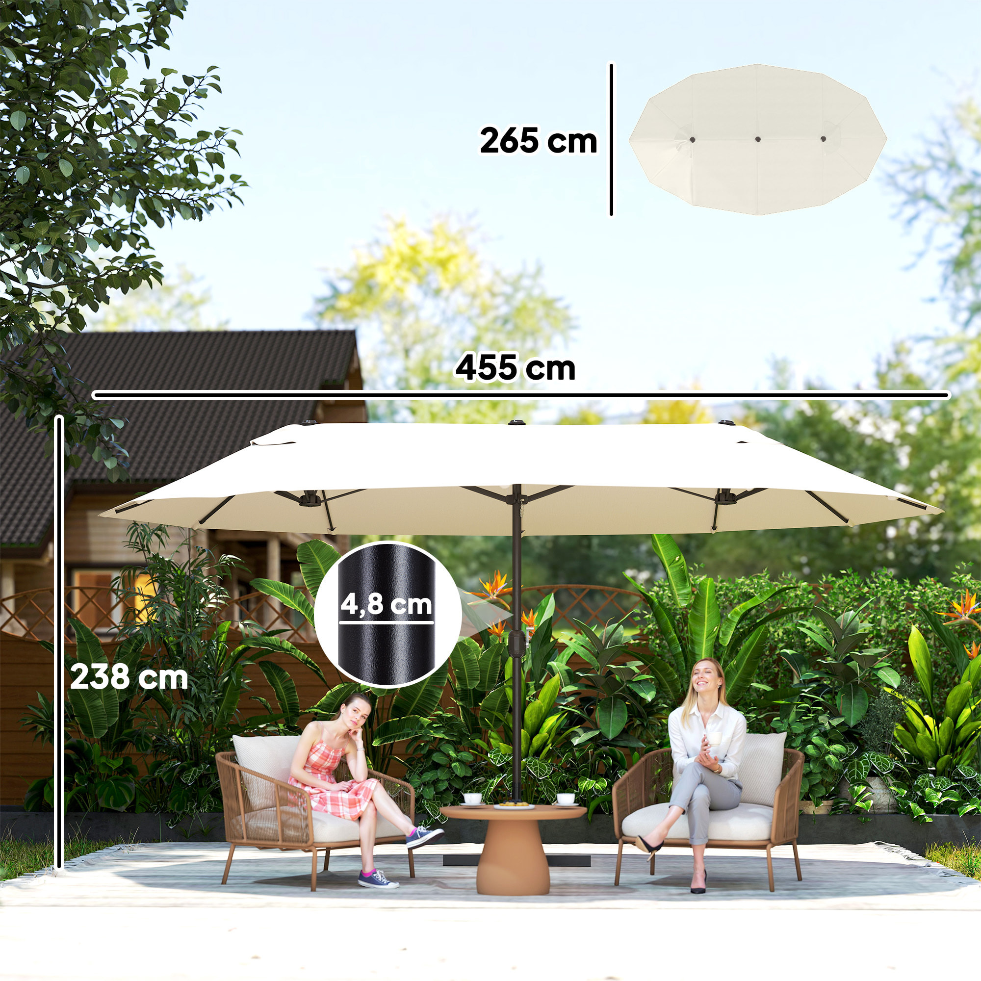Parasol de jardin XXL parasol grande taille 4,6L x 2,7l x 2,4H m ouverture fermeture manivelle acier polyester haute densité crème
