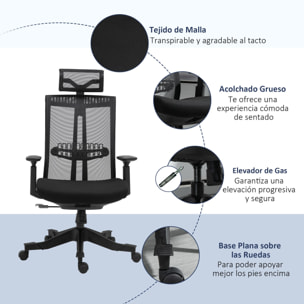 Vinsetto Silla de Oficina Ergonómica Silla de Malla Giratoria y Reclinable con Altura Ajustable Reposabrazos Reposacabezas y Soporte Lumbar Regulable 66,5x66x109-118 cm Negro