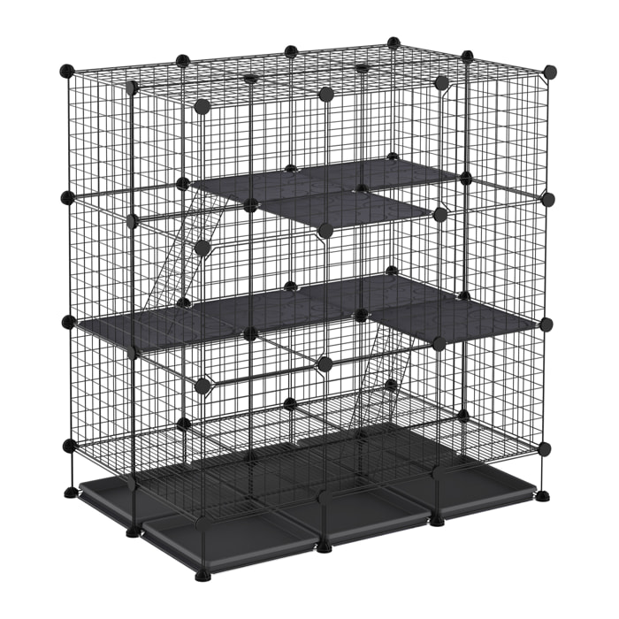 Cage parc enclos rongeurs modulable dim. L 111 x l 75 x H 119 cm 3 niveaux 4 portes fil métallique noir