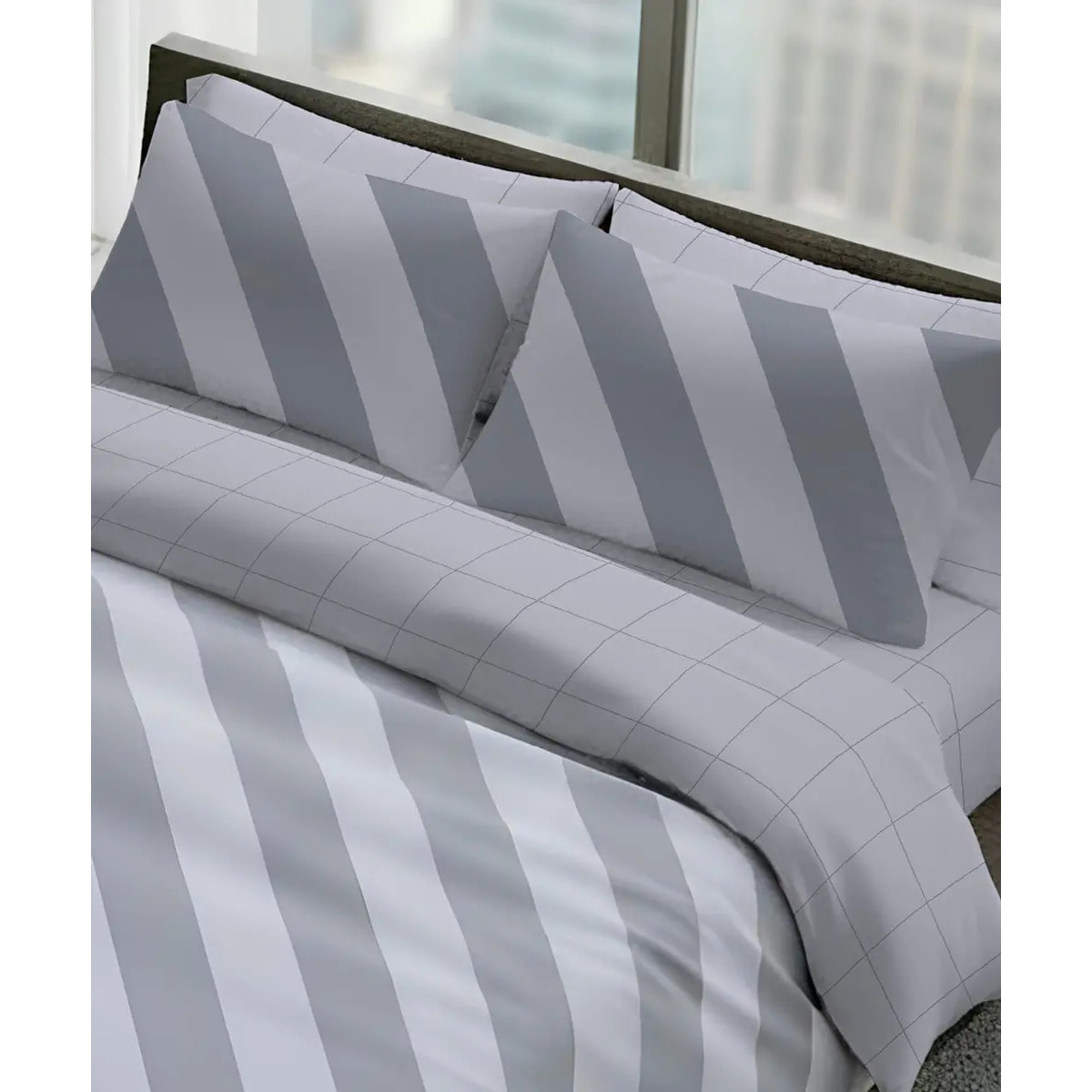 Parure Copripiumino Elite Grigio per letto singolo in 100% Cotone e Made in Italy, geometrico a righe