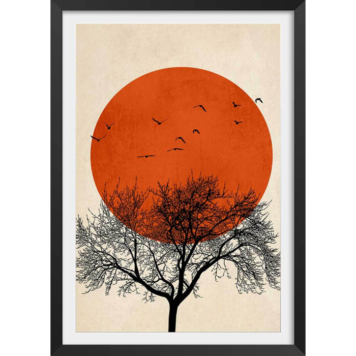 Affiche ""soleil rouge graphique"" Affiche sous cadre noir