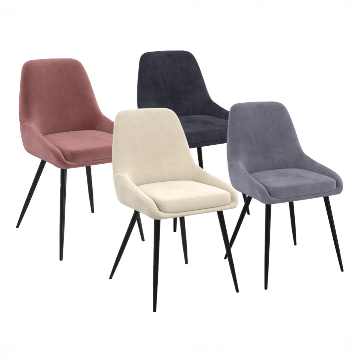 Chaises Olivia velours mix couleurs (crème, rose, gris clair, gris foncé) pieds métal - lot de 4