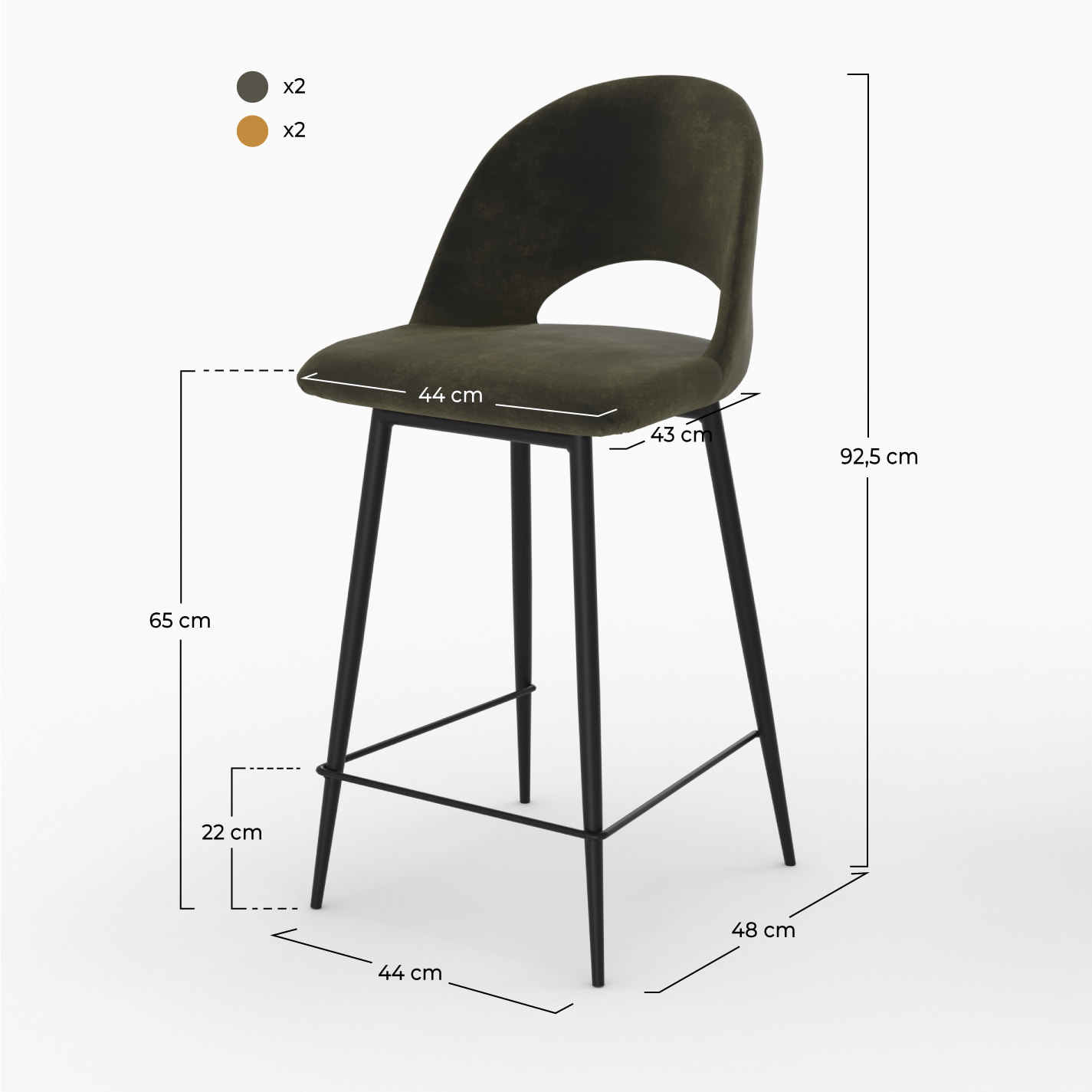 Pack 4 chaises pour îlot central en velours vert et jaune 65 cm - Pénélope