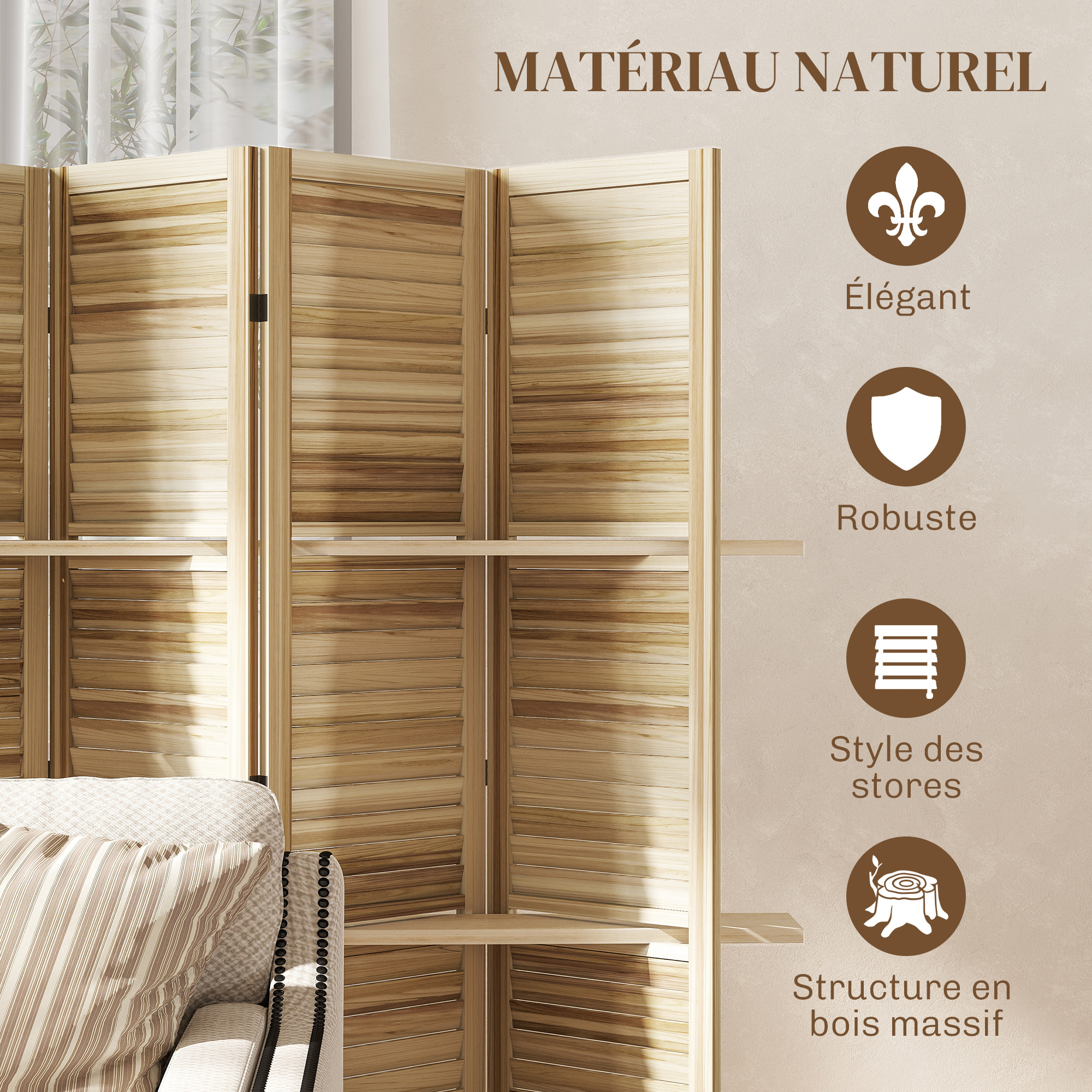 Paravent intérieur 4 panneaux 3 étagères pliables séparateur de pièce portes persiennes bois de paulownia autoclave