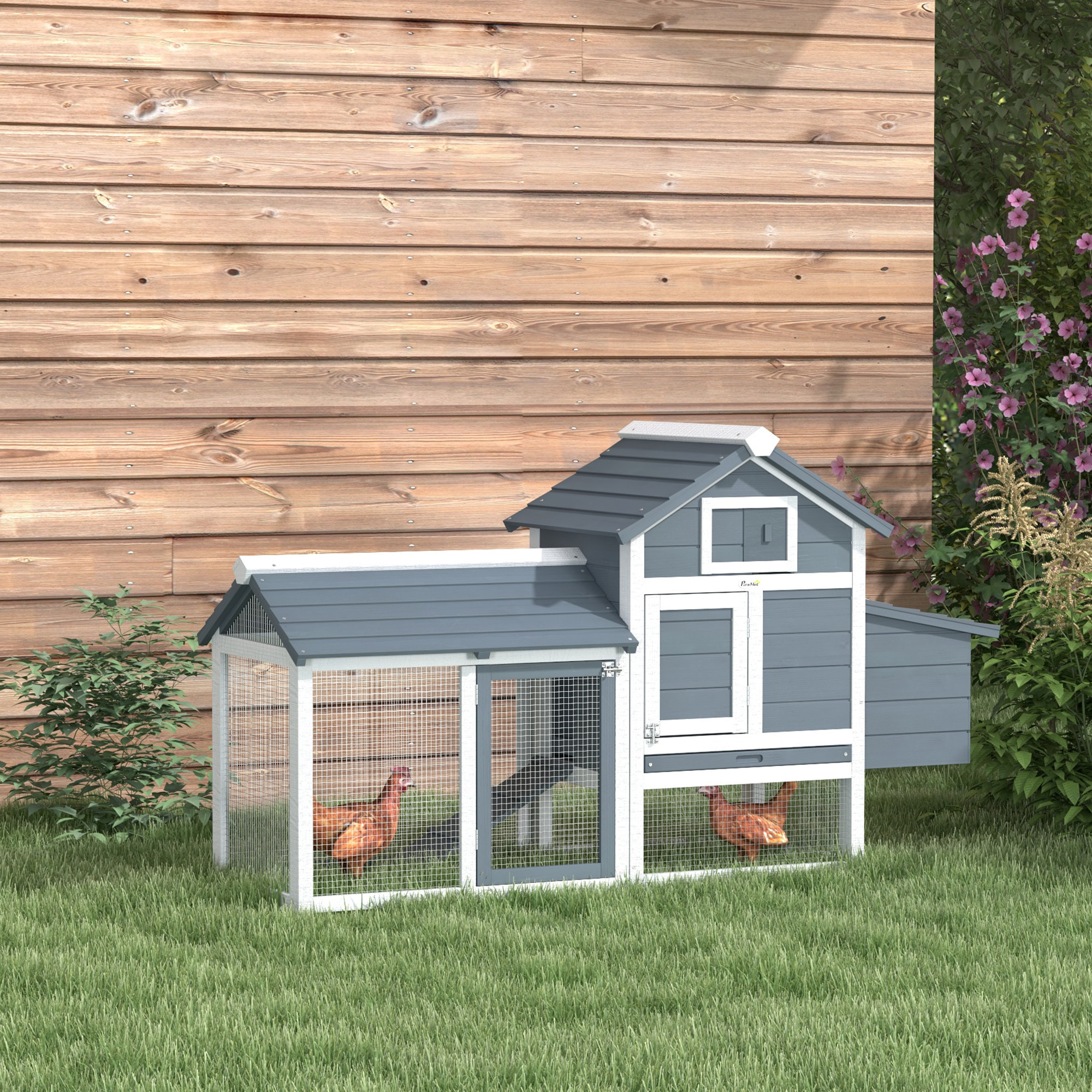 Poulailler cottage cage à poules sur pied dim. 151L x 54l x 87H cm multi-équipement bois pin blanc