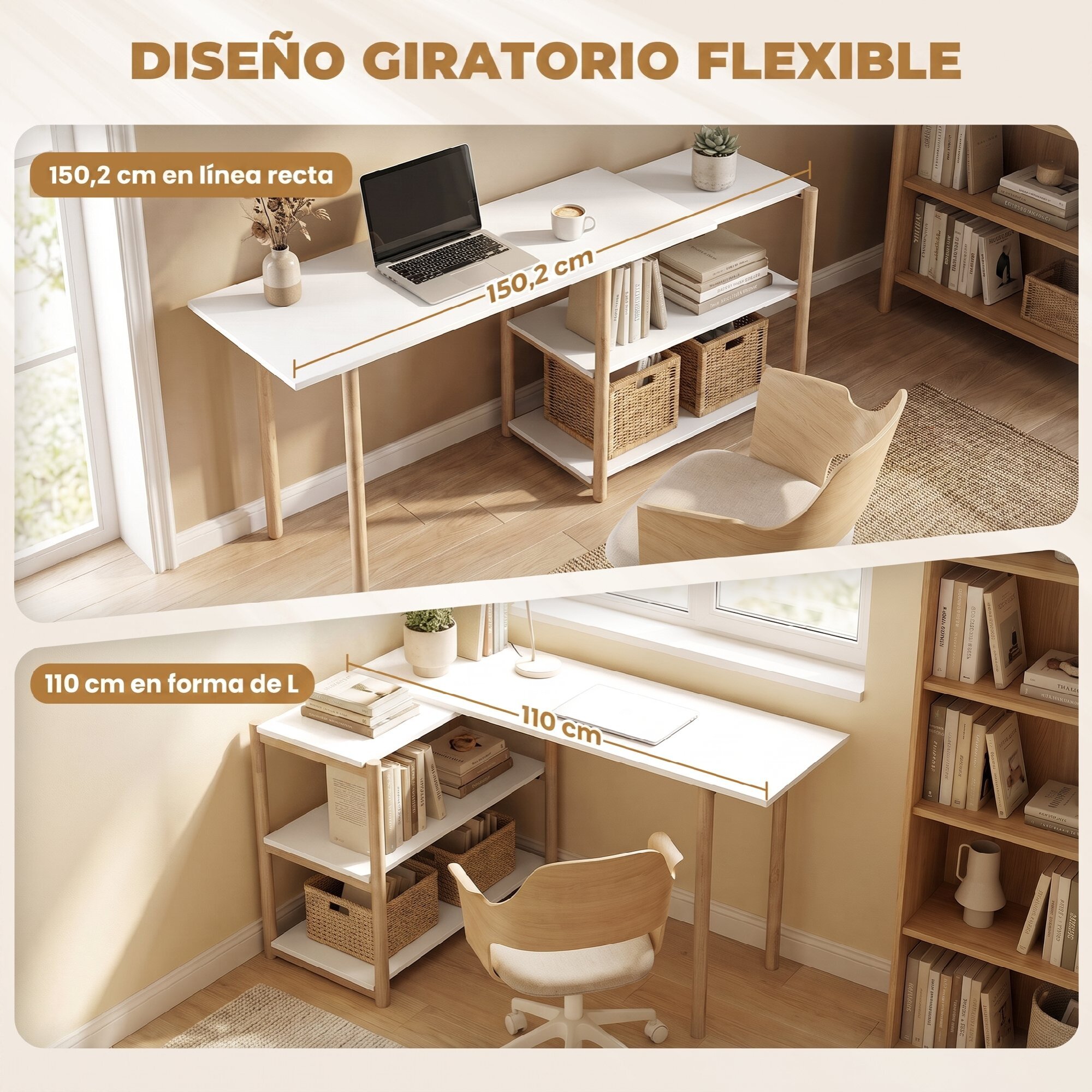 HOMCOM Escritorio Esquinero Plegable, 150 cm, Escritorio en L Moderno con Estantes de Almacenamiento y Marco de Bambú, Montaje Fácil, para Oficina en Casa, Dormitorio, Estudio, Blanco