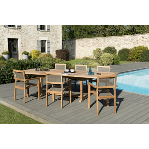 HARRIS - SALON DE JARDIN EN BOIS TECK 10/12 pers - 1 Table rectangulaire extensible - 6 fauteuils empilables textilène taupe