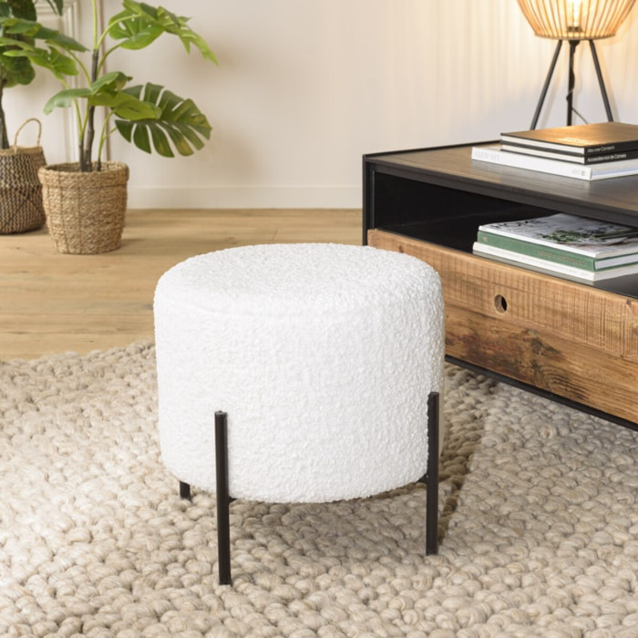AGATHE - Tabouret rond 40x40cm tissu bouclette blanc pieds métal noir