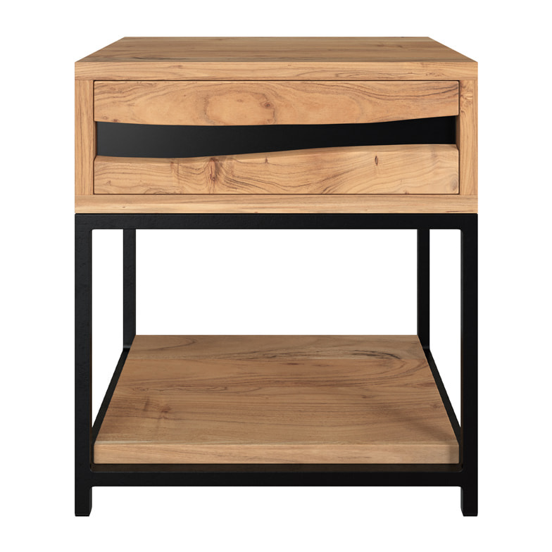 Table de chevet en bois d'acacia et métal, 1 tiroir et 1 étagère - Alabama
