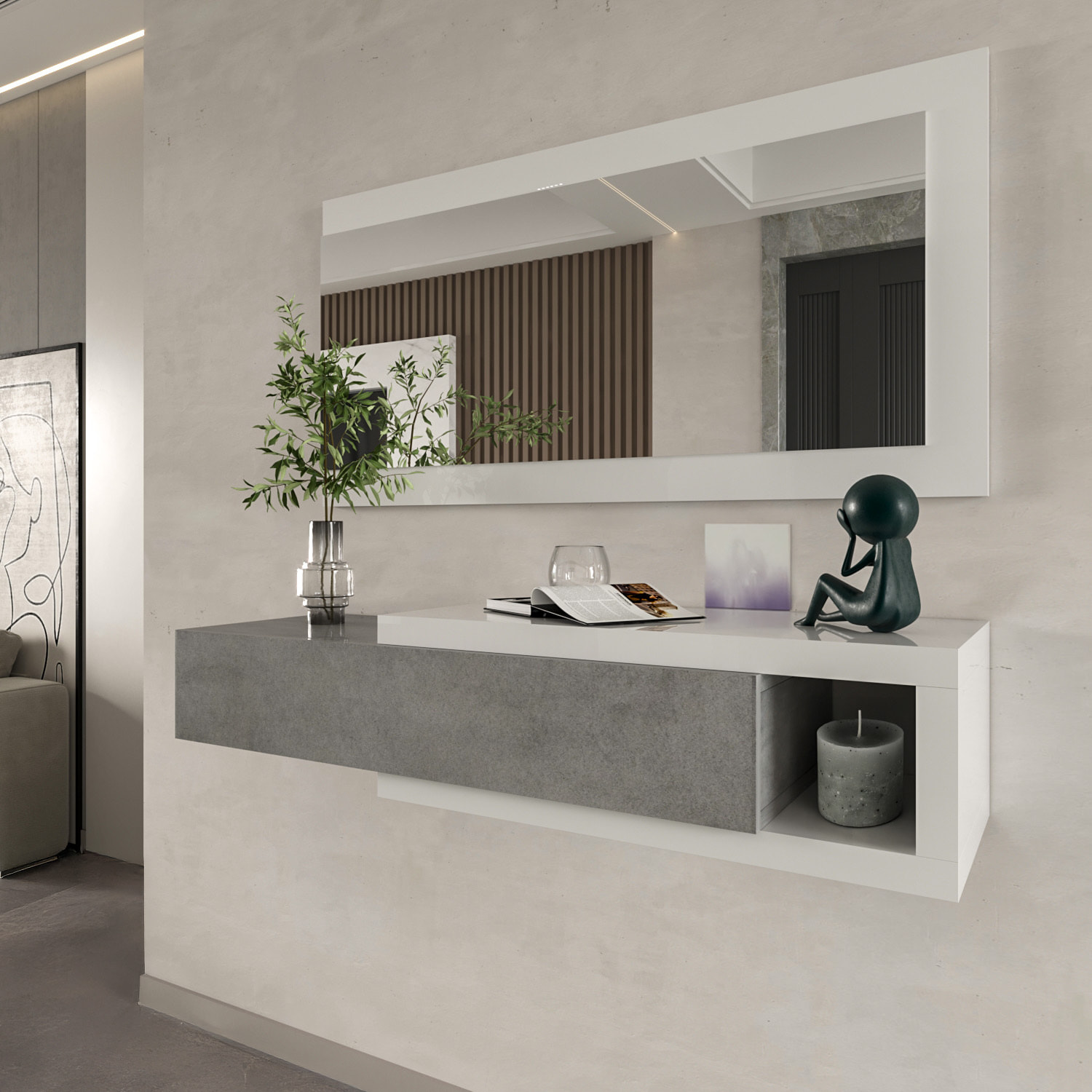 Mobile Maiorca Mobiletto da Ingresso Sospeso con Cassetto Mensola e Specchio Arredo Arredamento Sala 81 x 116 x 29 cm Bianco Lucido e Grigio Cemento