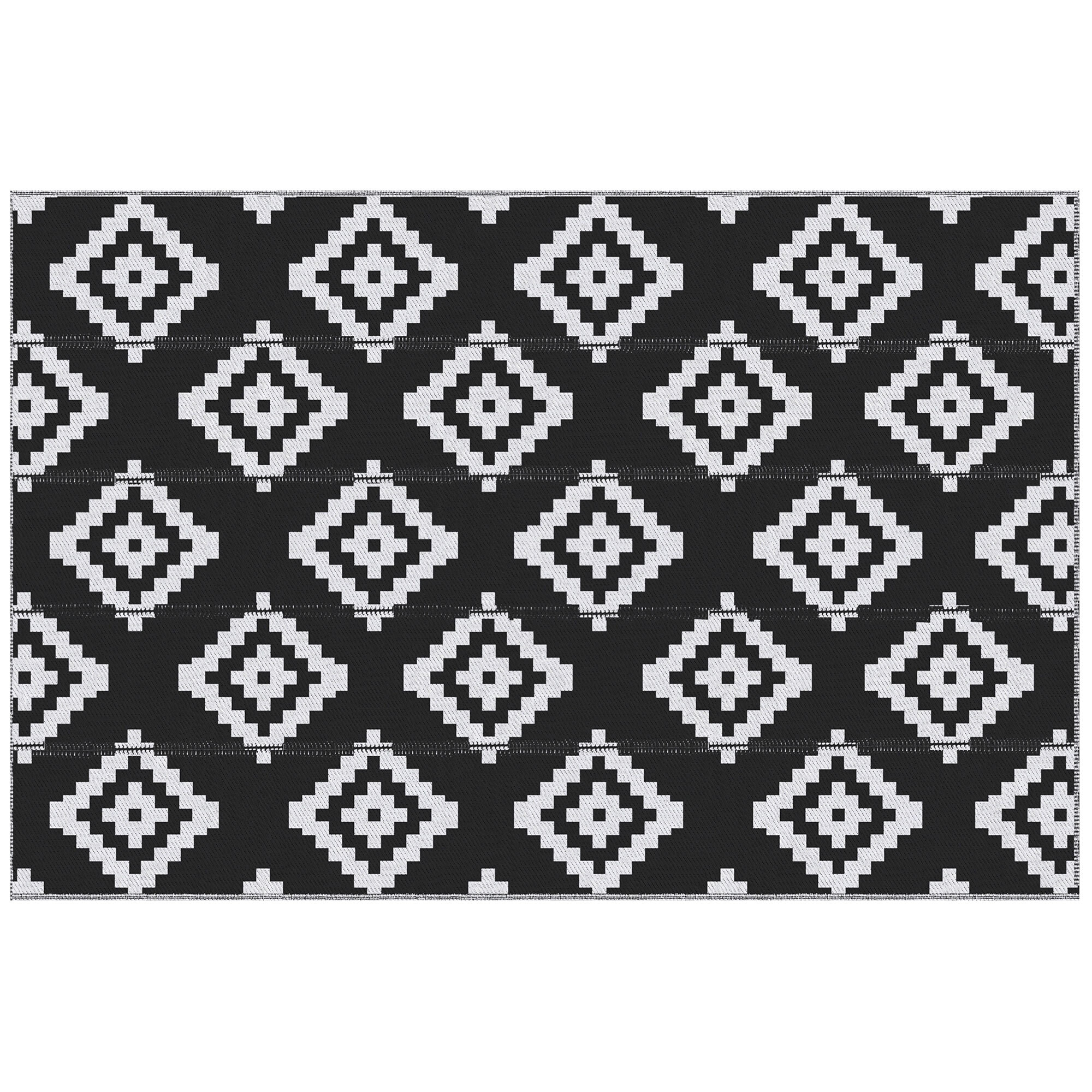 Tapis extérieur style graphique - tapis réversible 2 motifs - dim. 2,74L x 1,82l m, ép. 3 mm - PP haute densité 310 g/m² noir blanc