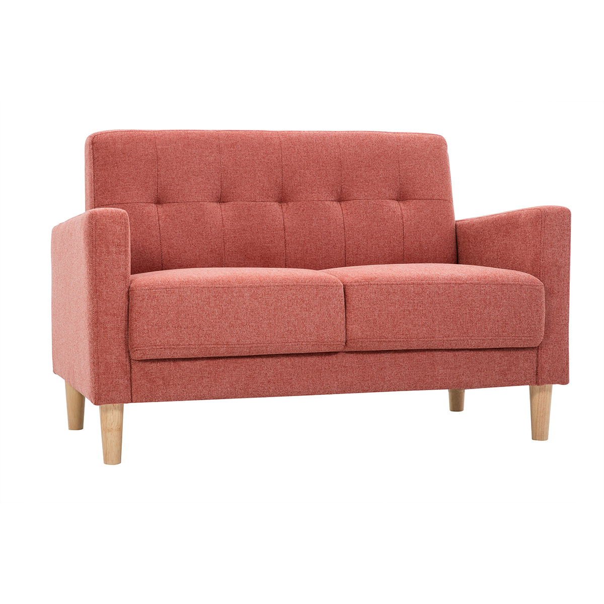Canapé scandinave 2 places en tissu effet velours texturé terracotta et bois clair MOON