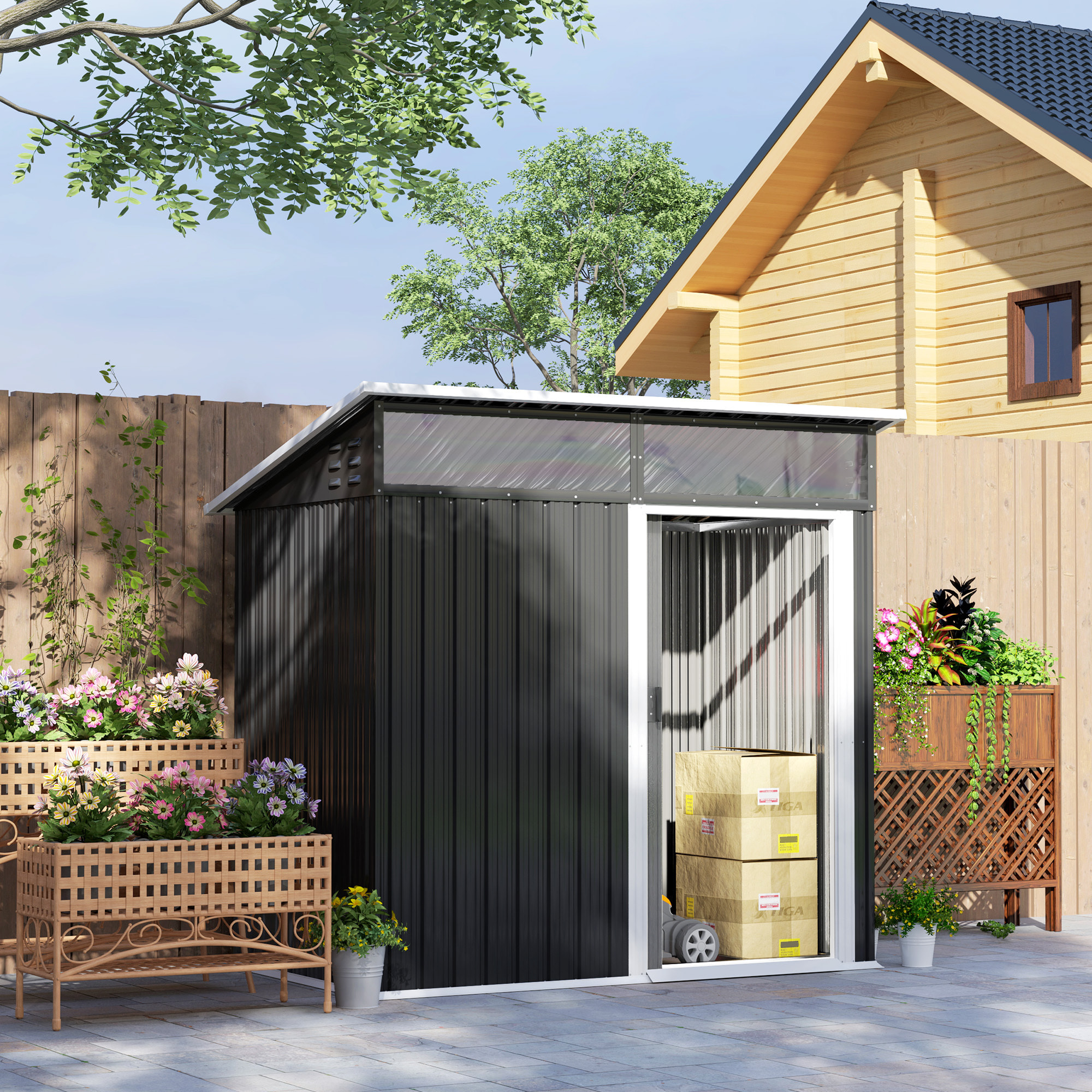 Caseta de Jardín Exterior 1,9m² 195x122x182 cm Cobertizo de Jardín Exterior con Base Refuerzo (Suelo NO Incluido) Puerta Corredera Ventanas Cobertizo para Terraza Patio Gris Oscuro