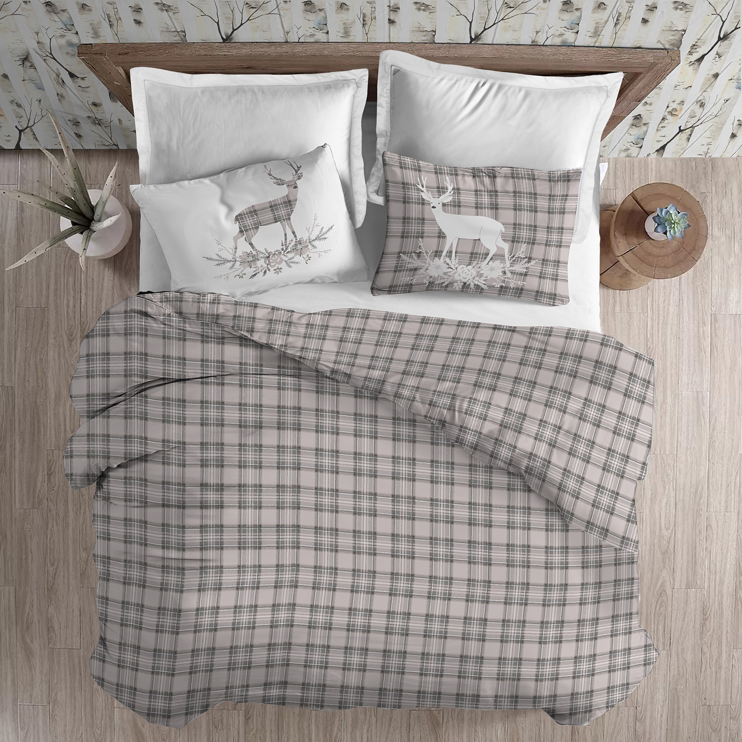 Parure copripiumino in flanella cervo tartan beige