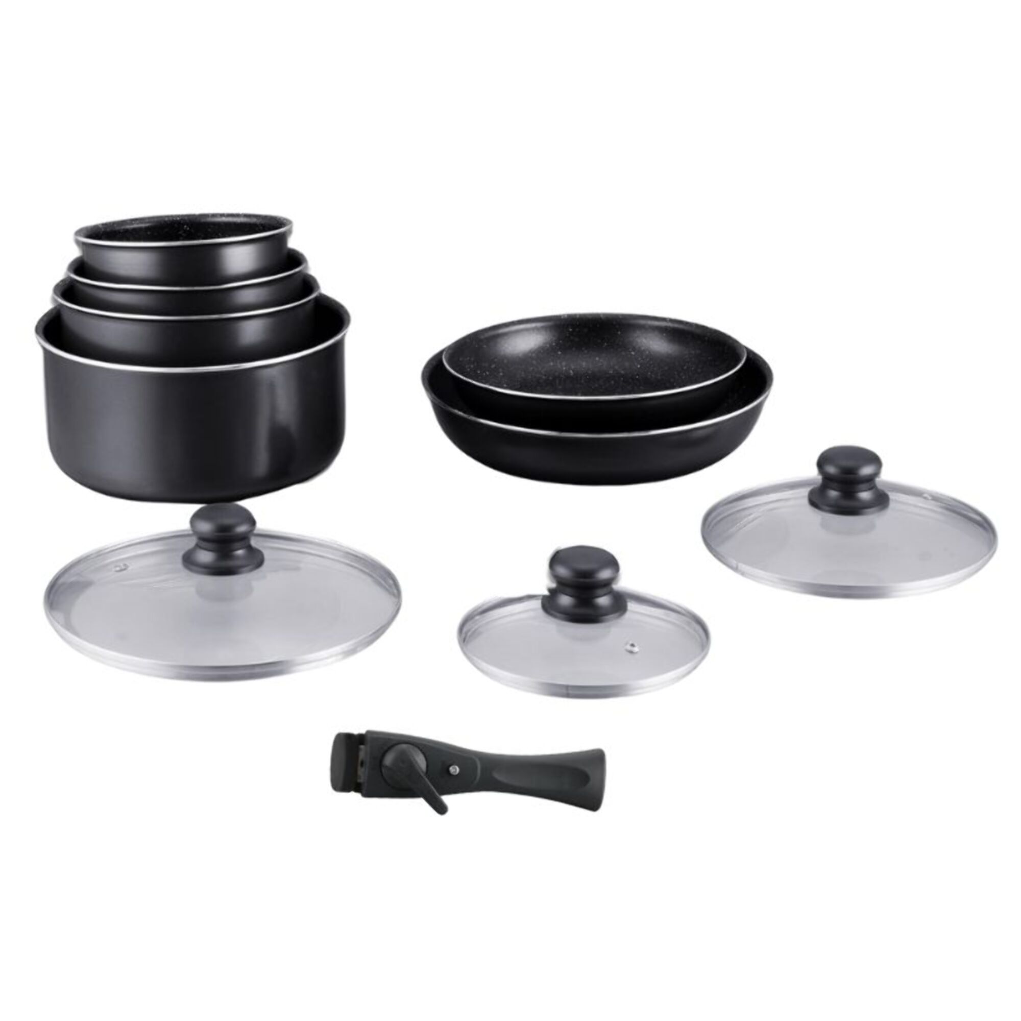 Batterie de cuisine revêtement pierre avec manche amovible 10 pieces noir Hagen HA04630-BLK