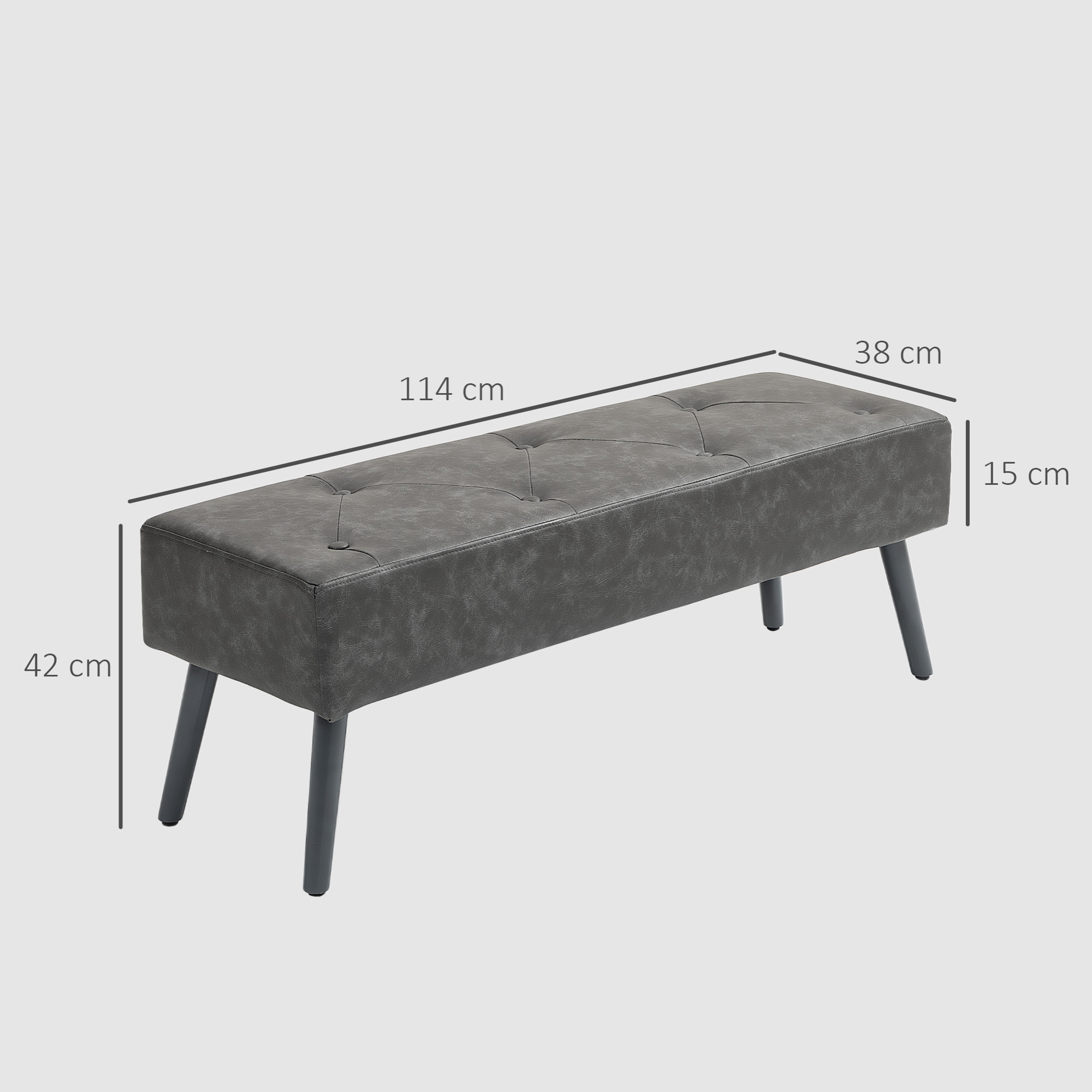 Banc banquette capitonnée style classique chic bois hévéa revêtement synthétique gris effet vieilli