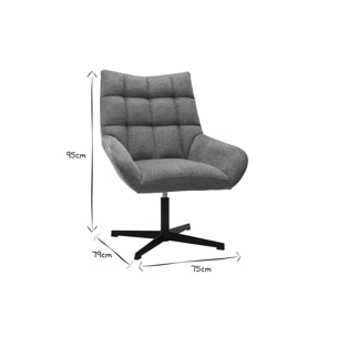 Fauteuil pivotant design en tissu effet velours texuré gris et métal noir KING