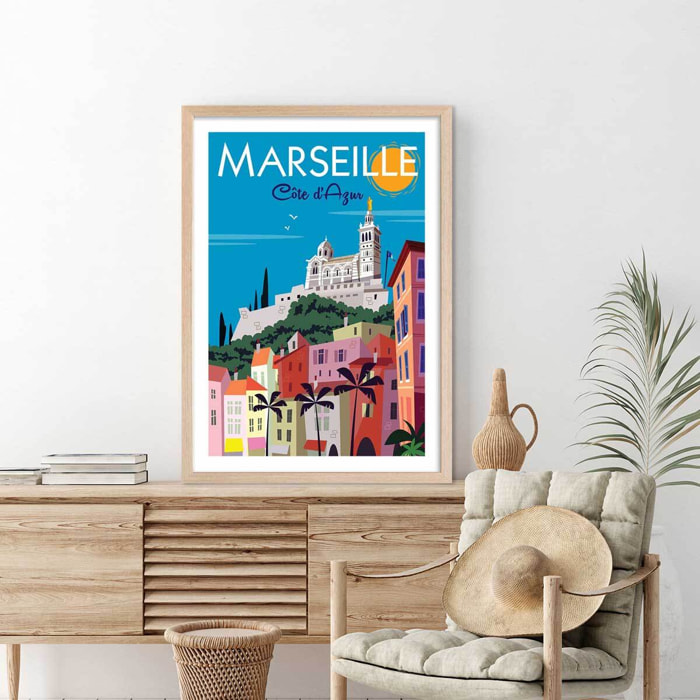 Affiche Vintage Marseille Affiche + cadre en bois - Chêne