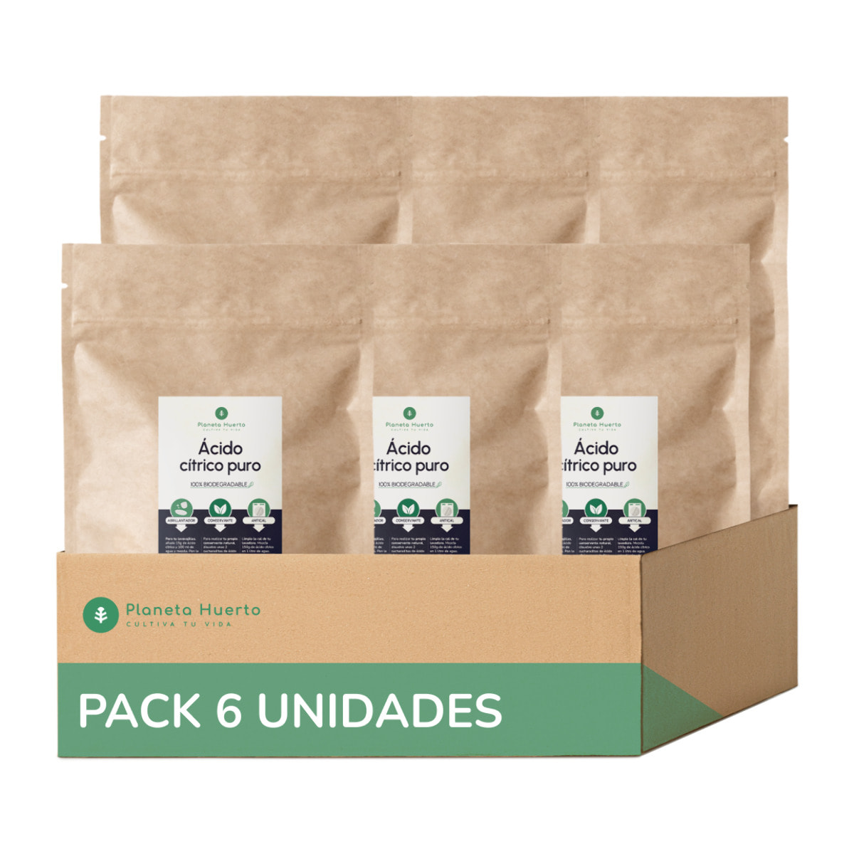 PLANETA HUERTO | Pack 6 Ácido Cítrico 2,5 Kg Anhidro Ecológico y Biodegradable - Acído Cítrico Desincrustante Natural Lavadora, Abrillantador Lavavajillas y Suavizante Ropa, Ideal Detergentes Casero