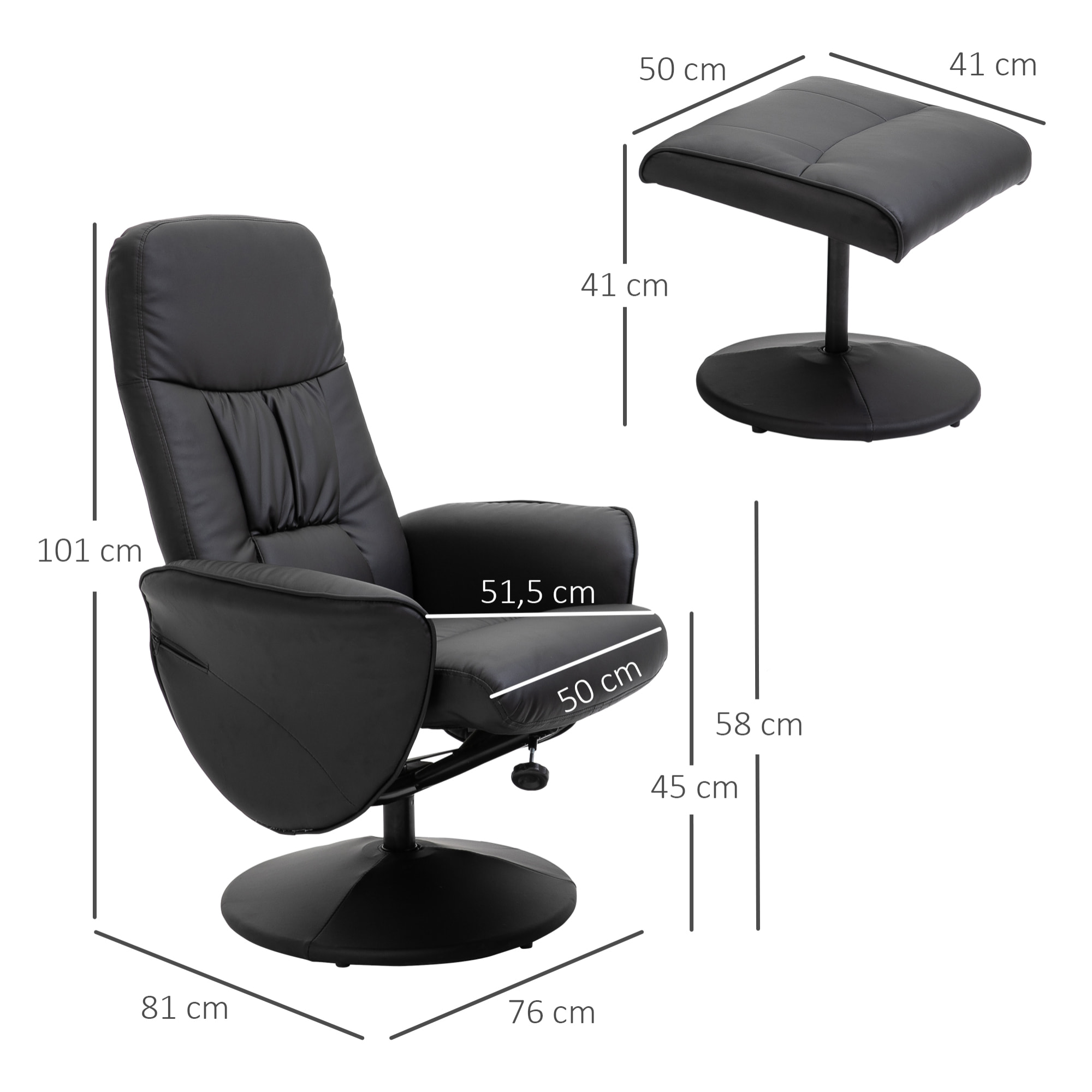 HOMCOM Sillón de Salón con Otomana Reposapiés Tapizado en PU Sillón Relax Reclinable hasta 145° y Giratorio 360° con Respaldo Ajustable para Salón Dormitorio Oficina 81x81x105 cm Negro