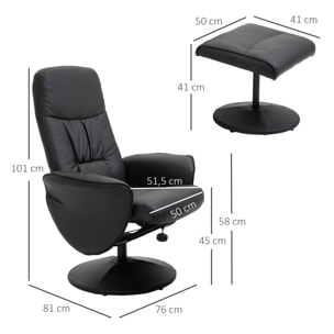 HOMCOM Sillón de Salón con Otomana Reposapiés Tapizado en PU Sillón Relax Reclinable hasta 145° y Giratorio 360° con Respaldo Ajustable para Salón Dormitorio Oficina 81x81x105 cm Negro