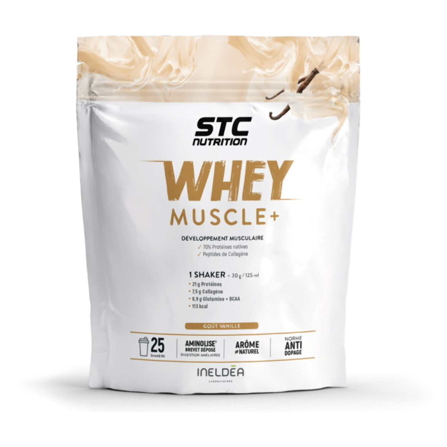 image-STC NUTRITION - Whey Muscle+ - Protéines Natives - Développement Muscle Sec - Innovation Brevetée Aminolise 100% Digeste - Sans Colorants, Sans Gluten - 25 Shakers - Doypack 750g