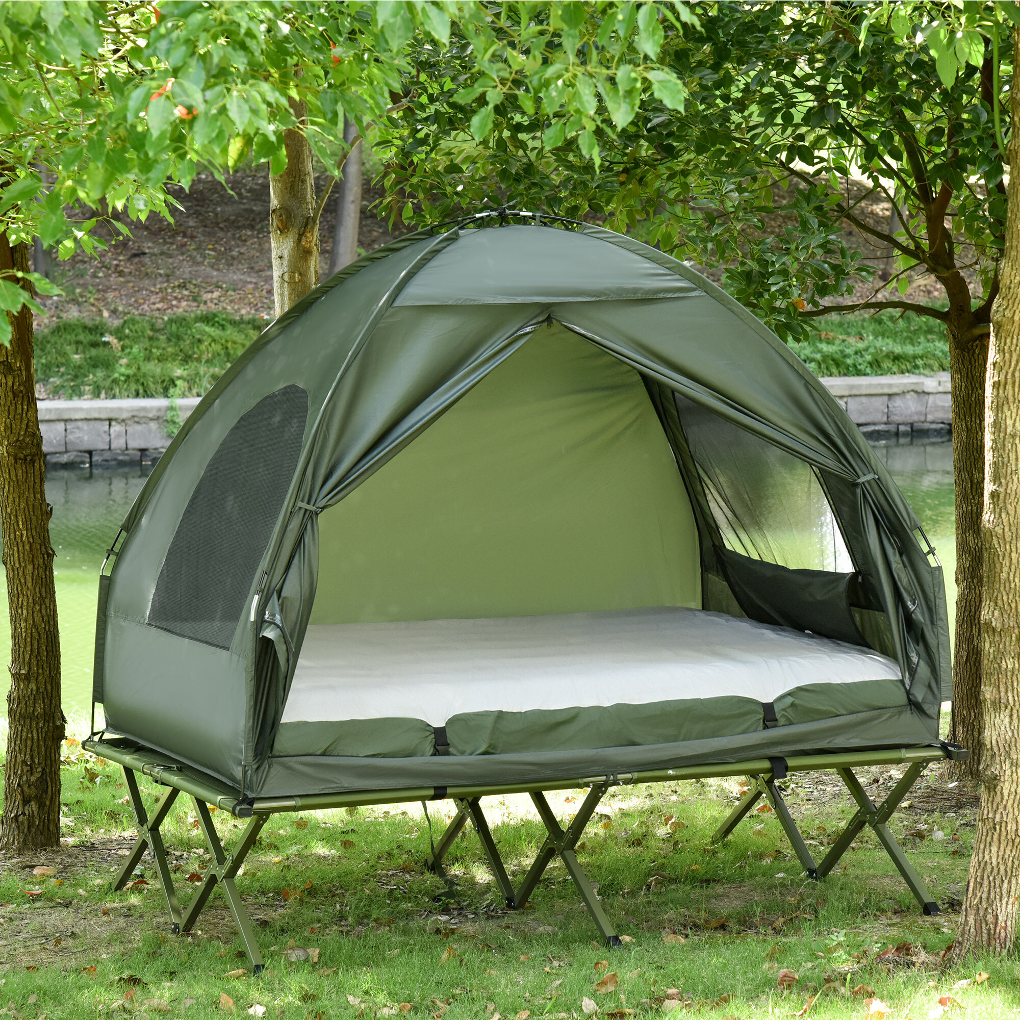 Outsunny Cama Doble de Camping Plegable con Tienda de Campaña Colchón Hinchable
