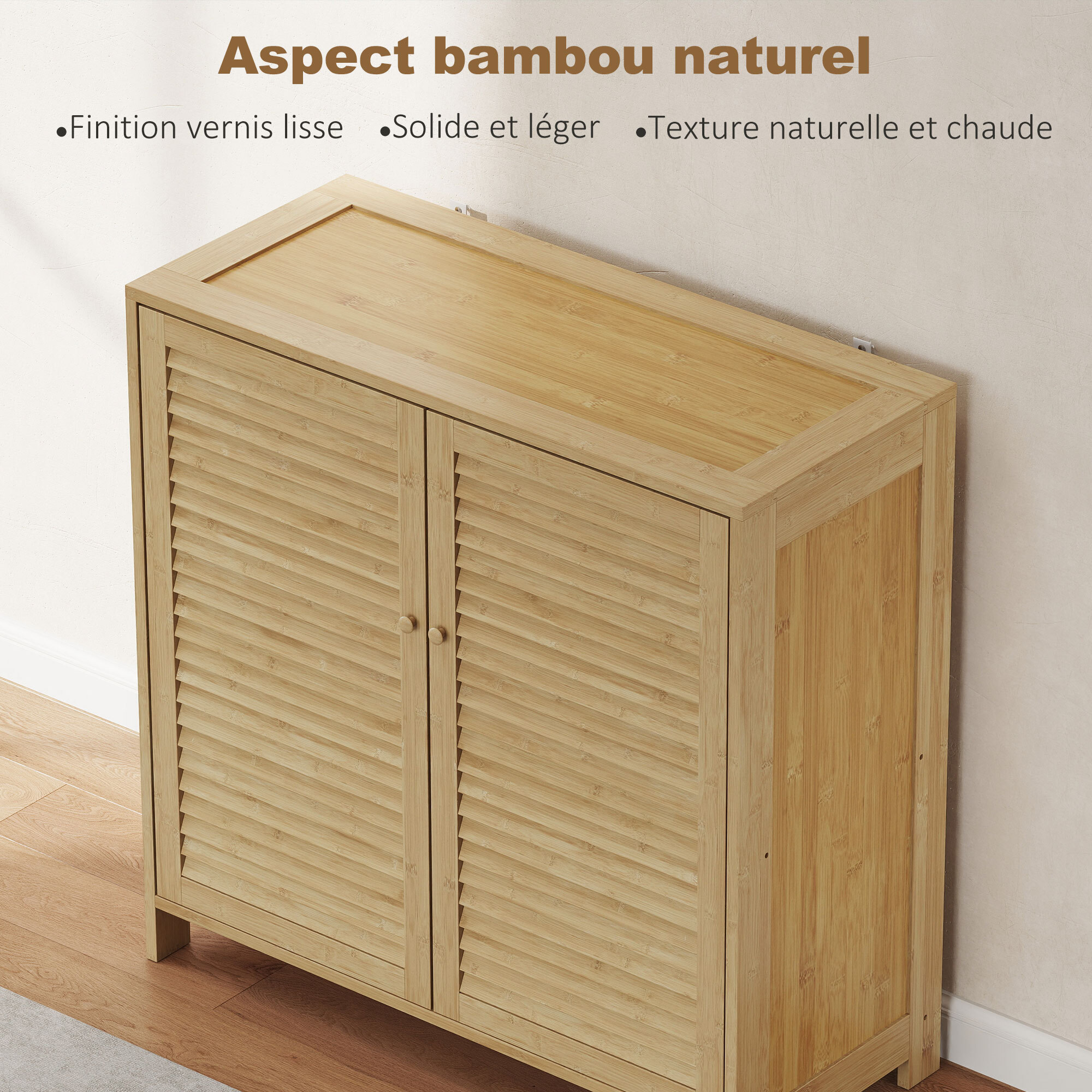 Meuble à chaussures 2 portes persiennes 3 étagères réglables bambou