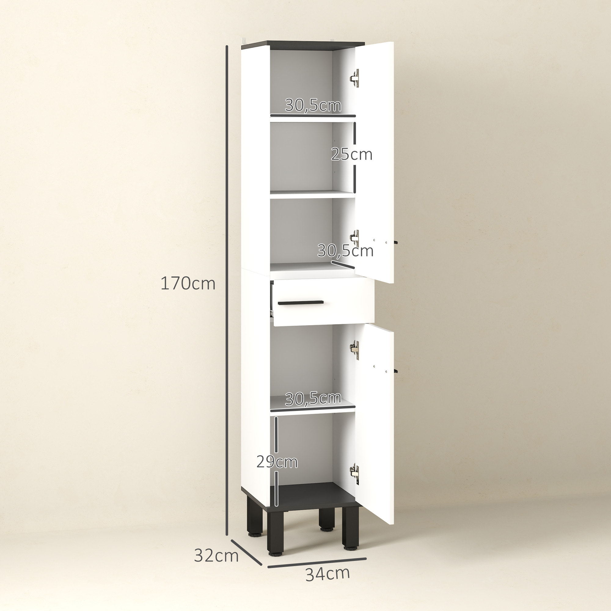 Columna de Baño Armario Alto de Baño con Cajón 2 Puertas y Estantes Ajustable Mueble Auxiliar de Baño Moderno Anti-vuelco 34x32x170 cm Blanco