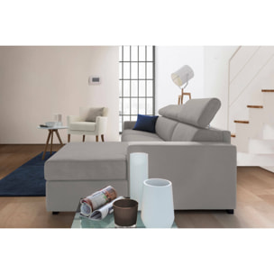 Divano fisso Marica, Divano ad angolo, 100% Made in Italy, Sofà Soggiorno con chaise longue, in tessuto imbottito - Penisola contenitore Destra, con Braccioli standard, Cm 280x95h85, Grigio