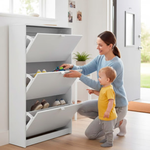 Scarpiera Salvaspazio Con 3 Ante A Ribalta E 2 Ripiani Interni Doppia Profondità Mobile Portascarpe Moderno Ingresso Corridoio Fino A 18 Paia Bianco