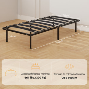 Somier 90x190 cm, Altura 26 cm, Estructura de Cama de Plataforma de Acero con Espacio de Almacenamiento Debajo y Láminas de Álamo, Fácil de Montar, Carga 300 kg, Negro