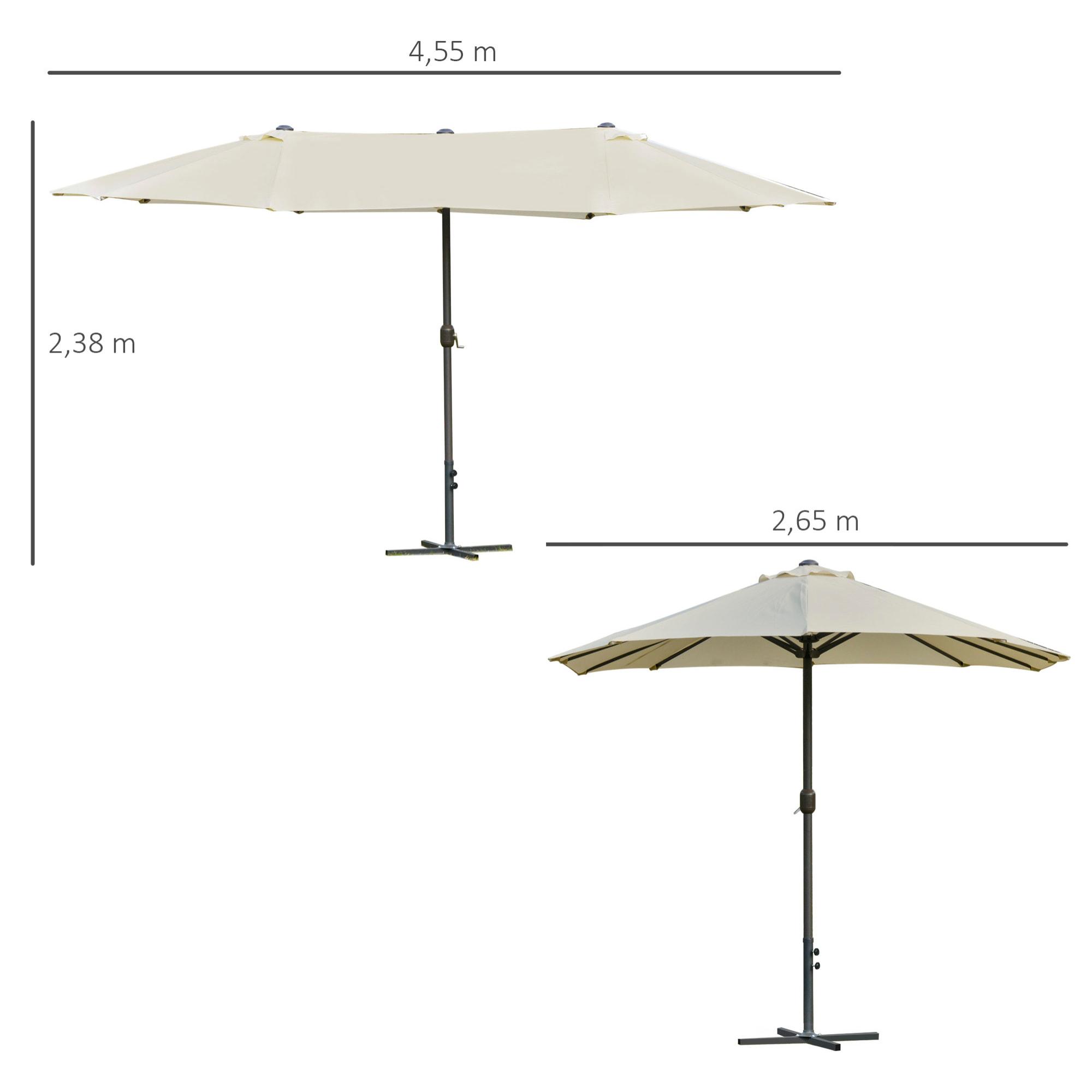 Sombrilla Doble 4,55x2,65 m Sombrilla Terraza Exterior con Manivela Manual Resistente al Agua y Protección Solar Sombrilla Grande para Terraza Playa Piscina Crema