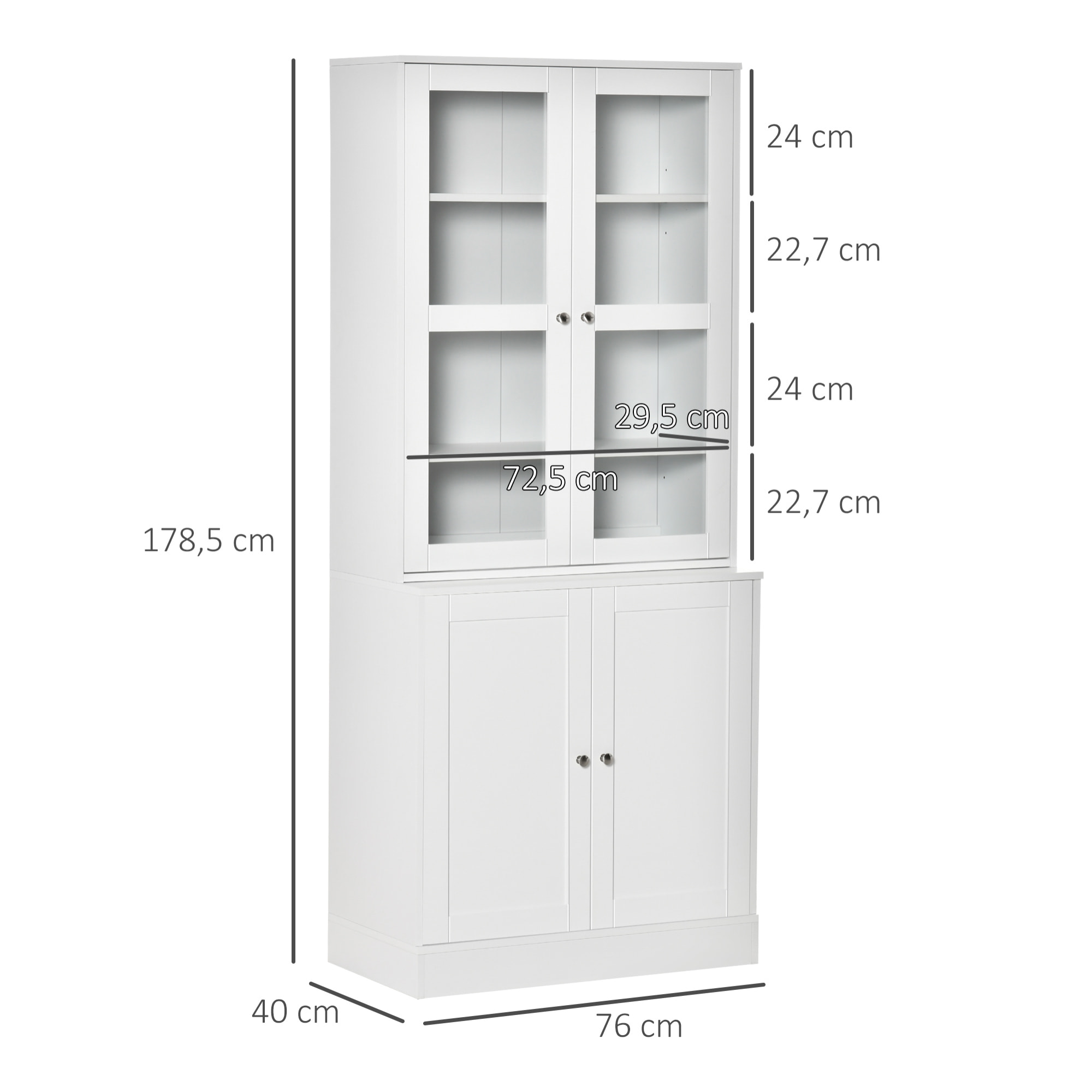 Bibliothèque vitrine multi-rangement - 2 portes verre, 2 portes bois, 4 étagères réglables - MDF blanc