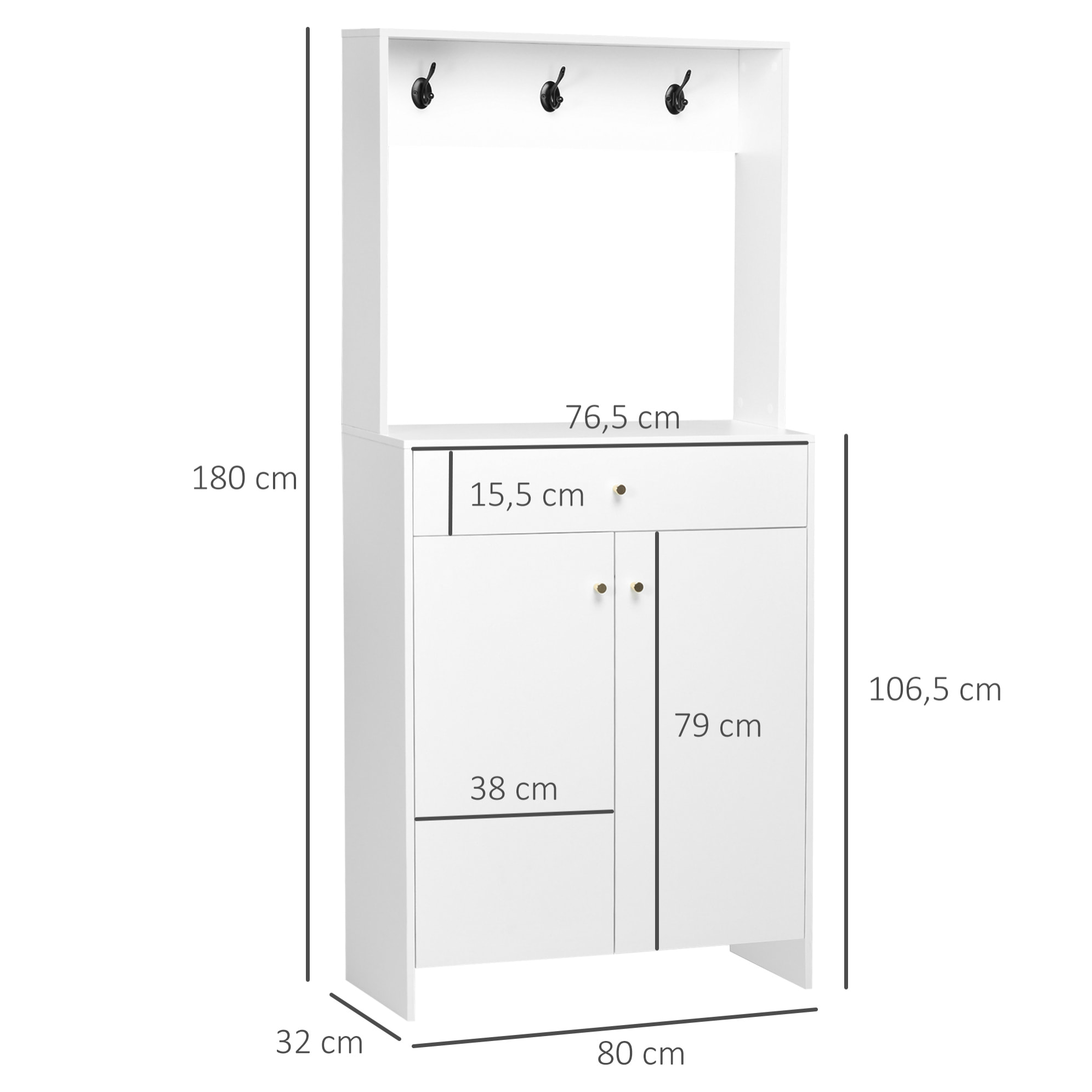 Mueble Zapatero con Perchero Armario de Zapatos con 3 Ganchos Cajón 2 Puertas y Estantes Ajustables para 12 Pares de Zapatos para Pasillo Entrada 80x32x180 cm Blanco