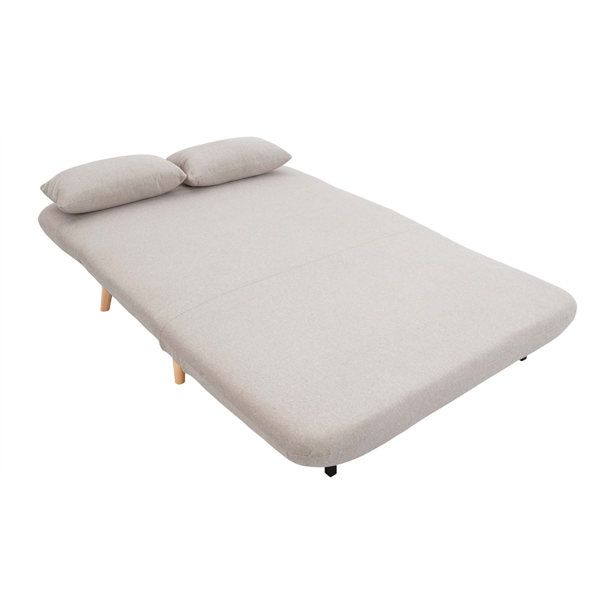 Chauffeuse 2 places convertible en tissu effet velours texturé beige et bois clair AMIKO